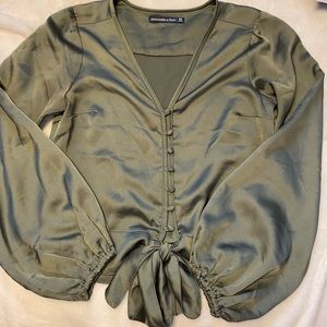 Green button down v neck blouse